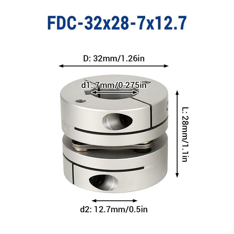 BORDSTRACT 7mm to 12.7mm Flexible Diaphragm Coupling, D32 L28 Aluminium 1 Diaphragm Motor Shaft Coupler for 3D Printer CNC Machine Servo Stepped Motor - Image 2